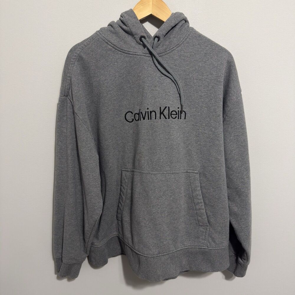 CK Calvin Klein Pullover Hoodie Sweatshirt Gray Sz L Fleece Lined Embroidered